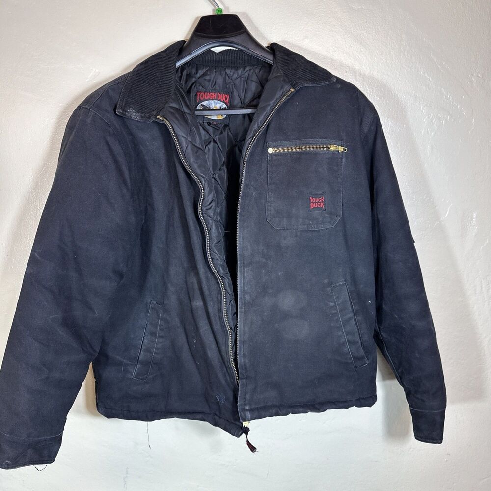 Tough Duck Men’s Black Insulated Large Zip Work Coat Jacket Corduroy Canvas VTG